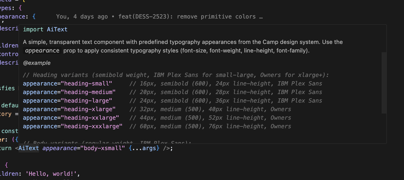 AI Text component appearance showcase showing all typography variants